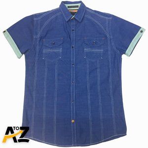 Men Tranquility & Mayhem Blue Handcrafted White Stitch Button Down Shirt Medium